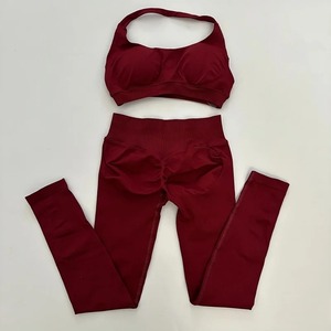 บอดี้สูทโยคะไร้ตะเข็บสำหรับผู้หญิงชุด2ชิ้นสำหรับวิ่งออกกำลังกายฟิตเนสเปิดหลังสีทึบ - Product Image 5