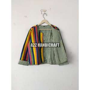 Veste courte à rayures multicolores vintage pour femmes manteau d'hiver en coton matelassé imprimé avec doublure en soie bouton décoration - Product Image 4