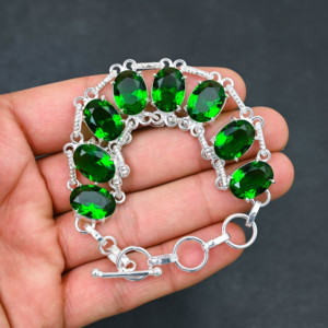 Green Peridot Lab Created <b>Bracelet</b> Sterling <b>Silver</b> 10X14 MM Oval Cut 8 Stone <b>Adjustable</b> 7-8 Inch IGI Certified Luxury Unisex - Product Image 1