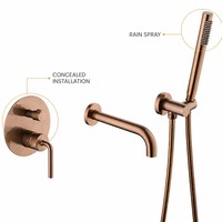 Ensemble de robinetterie de baignoire murale dissimulée en cuivre brossé or rose, avec douchette à effet pluie, mitigeur chaud/froid à valve céramique, moderne