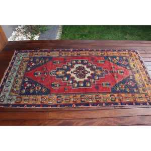 Turkish Vintage Rug 3.3x6.46 ft (100x197 cm), <b>Red</b> <b>Wool</b> Rug - Product Image 3