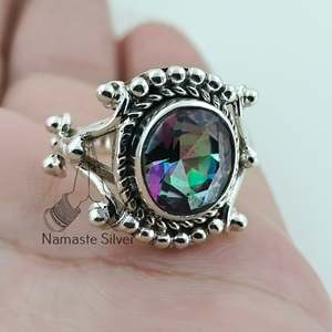 Mystic Topaz Oval Handmade <b>Statement</b> <b>Ring</b> for Women Sterling <b>Silver</b> Gemstone Jewelry Rhodium for Birthday Christmas Gift - Product Image 3