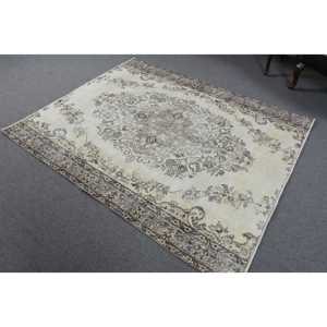 5.2x6.2 ft Rug, Vintage Rug, Turkish <b>Brown</b> <b>Wool</b> Bordered Rug - Product Image 2