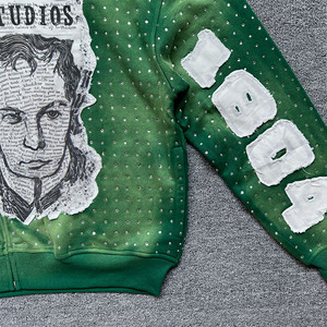 Vente en gros Street Wear Hommes Zip-Up Patch de détresse personnalisé Double fermeture à glissière Strass Top Coton mélangé Sweat à capuche zippé pour hommes. - Product Image 4