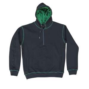 Chándal de punto de contraste con logotipo en relieve personalizado, forro polar negro con costuras verdes, Capucha forrada de satén, Sudadera con capucha y cremallera - Product Image 1