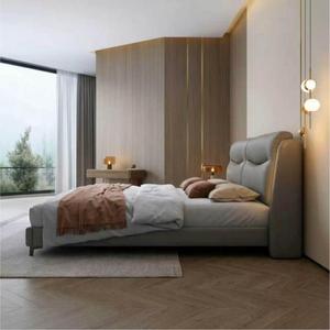 Lit minimaliste italien avec cadre LED en bois massif et cuir véritable, sommier flottant silencieux, lit Queen Size, mobilier de chambre principale - Product Image 2