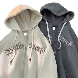 Sweat à capuche zippé de haute qualité, uni, délavé à l'acide, style streetwear français, double fermeture éclair, hiver, délavé au soleil, respirant - Product Image 4