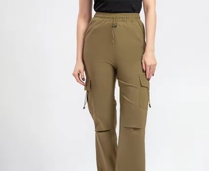 Pantalones Cargo de Cintura Alta para Mujer, Color Sólido, Cintura Elástica, Corte Regular, Largos, Casuales, Mezcla de Poliéster y Algodón, para Otoño - Product Image 1