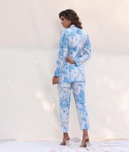 Printed Floral Casual Women's <b>Blazer</b> and Pants <b>Set</b> in Blue Cotton with Quick Dry Feature - Product Image 4