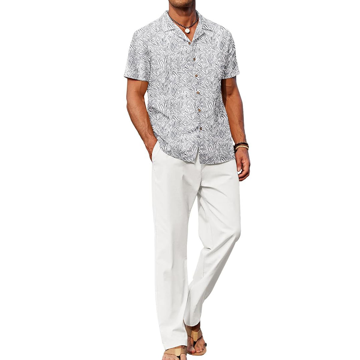 White Floral Shirt White Pants