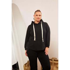 RMG Plus Size Women's Black Embellished Lace-Up Corded Hooded <b>Asymmetric</b> <b>Hem</b> Sweatshirt <b>Top</b> for Casual Wear - Product Image 5