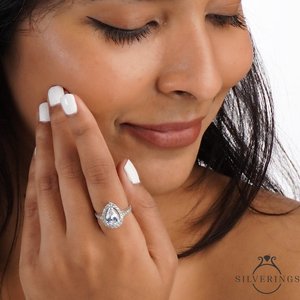 NOVAMART Fine Silverings 925 Sterling <b>Silver</b> Fine Jewelry <b>Adjustable</b> Tear Drop <b>Ring</b> with Pear Cut Diamond Rhodium Plated Engagem - Product Image 3