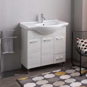 Meuble de salle de bain autoportant en chêne blanc de 85 cm avec 3 portes et 1 tiroir, doté d'un lavabo Ravenna - Product Image 1