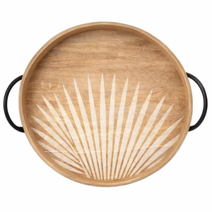 Plateau rond en bois avec poignées noires, design ventilateur, plateau de service, plateau de présentation, plateau à vendre en gros - Product Image 1