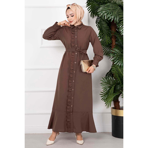 Longue modeste robe brune à volants détail lin Vintage imprimé motif décontracté formel manches bouffantes Maxi longueur été hiver utilisation dos - Product Image 3