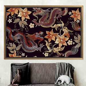Tableau imprimé sur toile : Décoration murale à motif asiatique Dragon et fleurs, TOILE ENCADRÉE DORÉE - Product Image 1