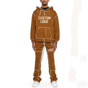Chándales de lana de algodón de gran tamaño Unisex con contraste de colores de logotipo personalizado OEM, pantalones apilados de invierno para hombre, Sudadera con capucha técnica impresa - Product Image 5