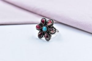 แหวนเงินสเตอร์ลิงทำด้วยมือปรับได้พร้อมดอกกุหลาบดอกรักเร่และเทอร์ควอยซ์สำหรับเป็นของขวัญแต่งงานสำหรับผู้หญิงและเด็กผู้หญิง - Product Image 3