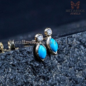 Marquise ต่างหูเม็ดเดี่ยวรูปเทอร์ควอยซ์,ต่างหูเม็ดเพชรสีทอง14K สีเหลืองล้วนมินิมอลเครื่องประดับแฟชั่นขายส่ง - Product Image 3