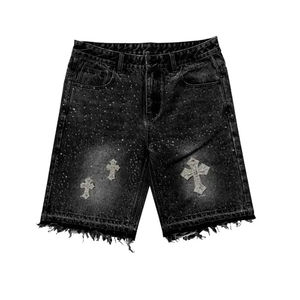 Custom Streetwear Double Waist Denim <b>Short</b> Pants Distressed Acid Wash Vintage Rhinestone Jorts Sun Faded Jeans <b>Shorts</b> Men - Product Image 3