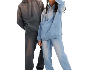 Survêtement deux pièces unisexe en molleton de coton délavé à l'acide Combinaison de jogging décontractée 100% coton pour hommes Ensembles de sweats à capuche et sweat-shirts pour femmes - Product Image 4