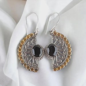 Handmade <b>Black</b> Onyx <b>Earrings</b> 925 Sterling Silver Two Tone Boho Gemstone Jewelry Gift <b>For</b> <b>Women</b> - Product Image 4