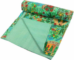 Coton indien fait à la main perroquet vert Kantha couette main bloc literie couvre-lit King Size Kantha couvre-lit Vintage jeter couverture - Product Image 3