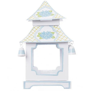 Classic Hydrangea Leaf Pagoda Lantern With Blue Trim Hand Painted Metal Decorative Candle Holder With <b>Bells</b> Home Decor Accent - Product Image 1