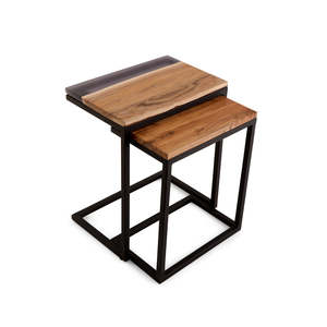 Ensemble de 3 tables basses gigognes en bois d'acacia, époxy et fer, style industriel antique, écologiques, fabriquées à la main, meubles de maison en provenance d'Inde - Product Image 2