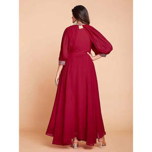 Magnifique robe de soirée rouge en georgette pour les fêtes, avec travail de dori, élégante robe de soirée - Product Image 1