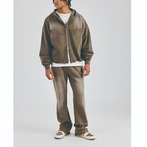 Ensemble de survêtement pour homme en kaki d'hiver, double fermeture éclair, bord brut, à capuche, surdimensionné, ample, lavé, appliqué, fermeture éclair, de haute qualité, respirant, imprimé - Product Image 3