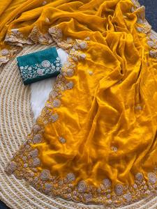 Sari elegante de diseñador de Bollywood con hermoso diseño de bordado y colección de tela de seda espacial para mujer, ropa de fiesta - Product Image 3