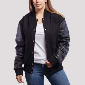 Chaqueta de bombardero Varsity Letterman de diseño personalizado para mujer, Mangas de cuero de oveja genuino, transpirable, Reversible, OEM - Product Image 1