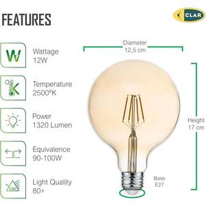 Bombilla LED de Filamento G125 de 12W, Tono Ámbar, E27, para Decoración del Hogar - Product Image 1