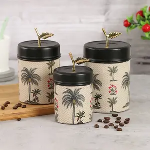 Multipurpose Steel Cylindrical Cookies Container Jar with Palm Tree Enameled Finished Used for Containing Cookies Spices