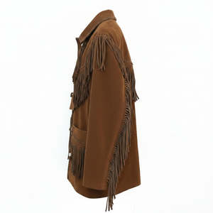 Men's Brown <b>Suede</b> Cowboy Leather <b>Jacket</b> With Fringe Turn-down Collar Casual Autumn Wear Regular Fit - Product Image 6