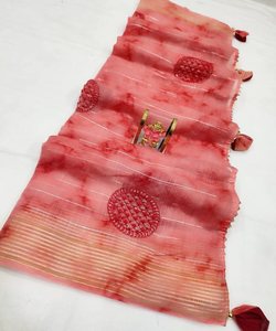 Saree de linho versátil com detalhes de lantejoulas e <span class=keywords><strong>Dori</strong></span> para uso casual e de festas com blusa a preço baixo