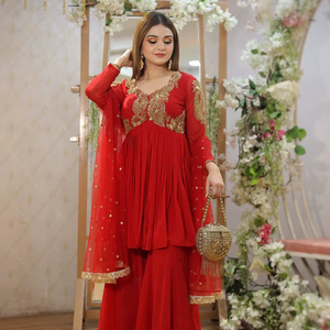 ชุดปาร์ตี้งานแต่งงานผ้าจอร์เจียแบบหนาชุดเดรสพลัสซินเคอร์ติสีแดงแบบพิเศษดูต้าสุดพิเศษเสื้อผ้าชาติพันธุ์ล่าสุดสำหรับผู้หญิง - Product Image 1