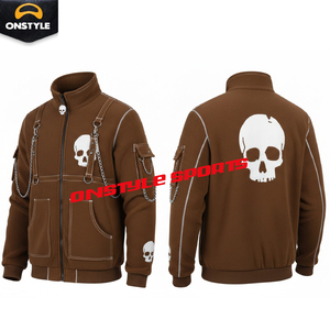 Sudadera con Capucha de Felpa Gótica Estampada Personalizada de Alta Calidad 100% Algodón para Hombre, Ropa de Calle Punk, Detalle de Cadena de Metal, Cremallera de Esqueleto - Product Image 4