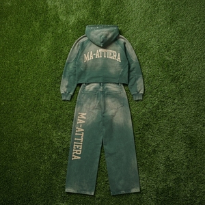 Conjunto de Sudadera con Capucha y Pantalones Jogger de Forro Polar Verde para Mujer Ma-Attiera, Estilo Urbano, Holgado, con Estampado de Letras Teñidas, Dos Piezas - Product Image 6