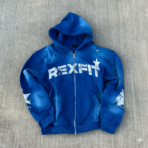 Sudadera con Capucha Azul Rey con Estampado en la Parte Delantera y en las Mangas |   Sudadera con Capucha Estilo Urbano con Efecto Desgastado por el Sol, Sudadera con Cierre |   Chaqueta Urbana Premium - Product Image 1