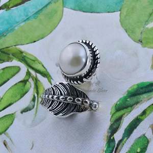 925 Sterling <b>Silver</b> <b>Adjustable</b> Leaf <b>Ring</b> Handmade Freshwater Pearl Unique June Birthstone Nature Inspired Jewelry Pearl <b>Rings</b> - Product Image 6