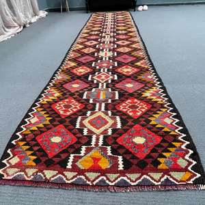 Alfombra Turca Vintage de 3x13 pies, Alfombra de Pasillo, Alfombra de Lana Sólida Roja y Amarilla - Product Image 1