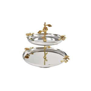 Support à gâteau à 2 étages en métal doré et argenté de luxe avec poignée en forme de branche, présentoir à dessert martelé carré pour les mariages et les événements festifs - Product Image 4