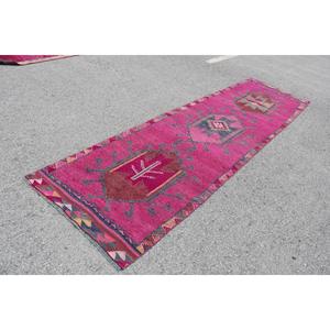Vintage <b>Rug</b>, <b>Runner</b> 3.4x12.6 ft Turkish <b>Rug</b>, Pink Gray Floral Wool <b>Rug</b> - Product Image 2