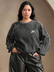 Women’s Stud Embellished Sweatshirt Round Neck <b>Long</b> <b>Sleeve</b> Relaxed Pullover <b>Black</b> Casual Streetwear <b>Top</b> Wholesale B2B Sweatshirt - Product Image 3