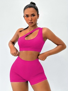 Wholesale Sexy Pink <b>One</b>-Shoulder Ribbed Crop <b>Top</b> Biker Shorts Set Women Fitness Clothing Buttery Soft Stretch Seamless - Product Image 4