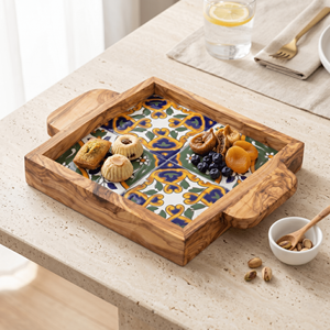 Unique Custom Square Serving <b>Tray</b> - Olivewood & Ceramic Ottoman <b>Tray</b> for Trendy Coffee Table Styling - Product Image 4