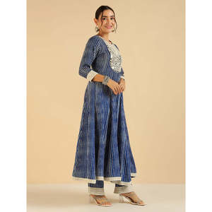 Conjunto de Túnica Elegante Bordada con Rayas Azules y Pantalones Palazzo para Mujer, Mangas Tres Cuartos, Tela Crepé, Primavera/Verano - Product Image 5