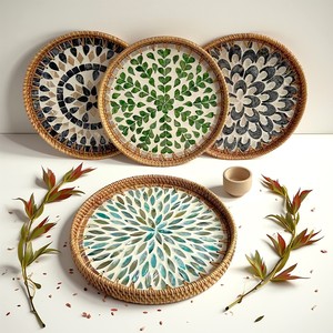 Bandejas tejidas a mano con patrón de mosaico de nácar, bandeja para servir bebidas de desayuno MOP de ratán de primera elección - Product Image 6
